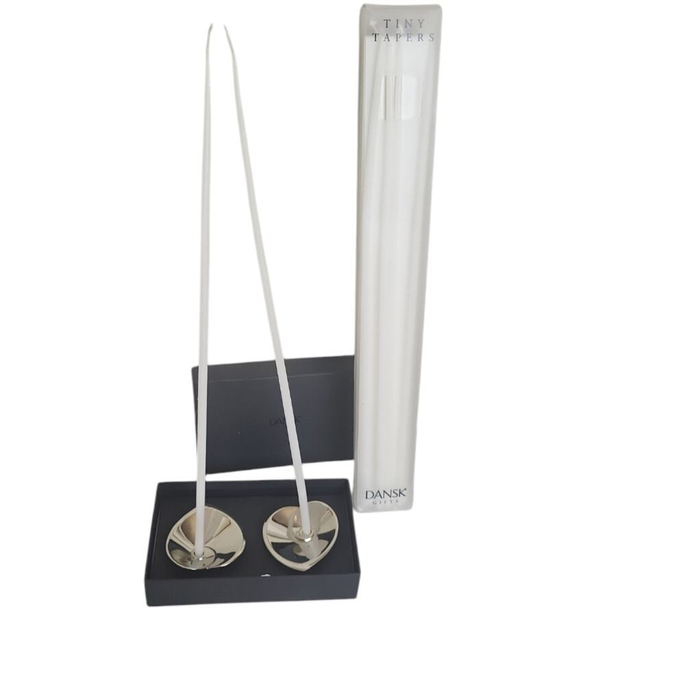 Dansk Candle Holders Heart Shape Tiny Tapers Nickel Plated + 10 Candles